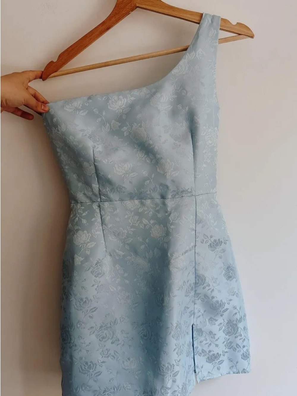 Lucy in the Sky One-Shoulder Floral Jacquard Mini Dress in Pale Blue